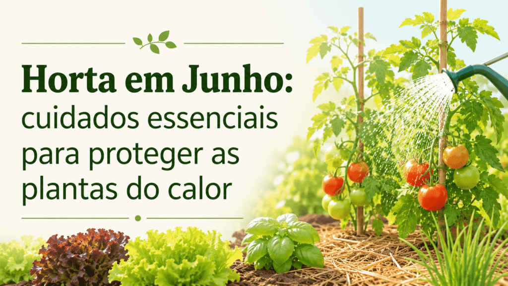 Horta em junho com tomateiros, alfaces e plantas protegidas do calor com rega e cobertura do solo