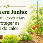 Horta em junho com tomateiros, alfaces e plantas protegidas do calor com rega e cobertura do solo