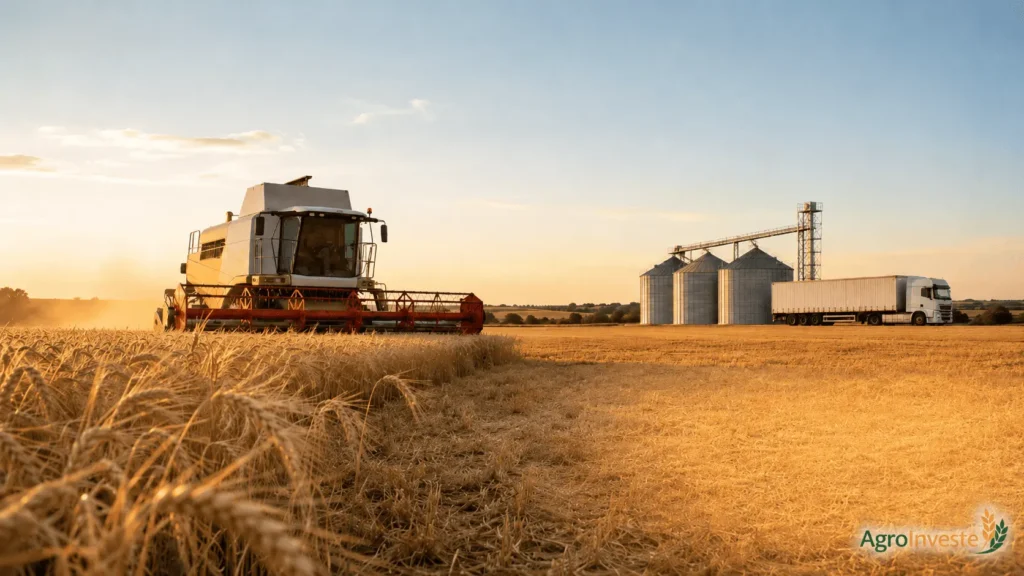 Colheita de cereais em Portugal com ceifeira, silos e camião de transporte