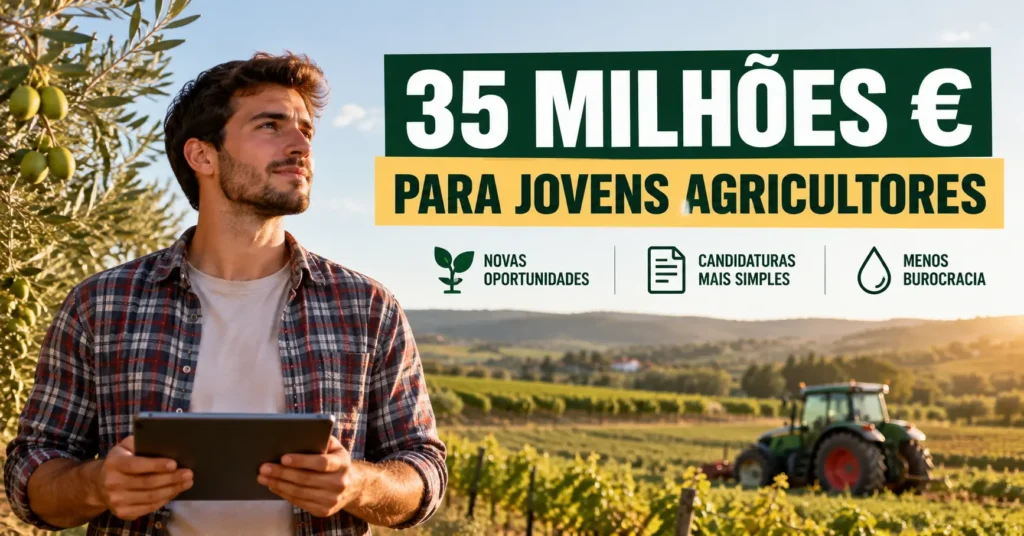 Jovem agricultor com tablet numa exploração agrícola, com trator ao fundo, e destaque ao novo apoio de 35 milhões de euros para jovens agricultores em 2026.