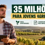 Jovem agricultor com tablet numa exploração agrícola, com trator ao fundo, e destaque ao novo apoio de 35 milhões de euros para jovens agricultores em 2026.